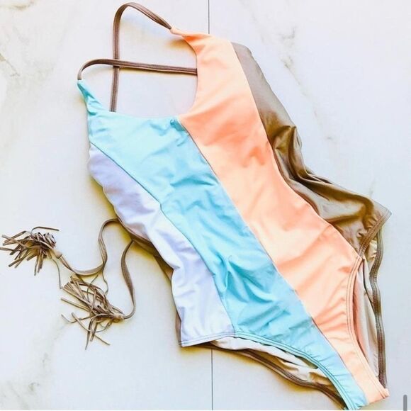Nwt Anthropologie PilyQ Colorblock Sandstone Farrah OnePiece - Picture 5 of 8